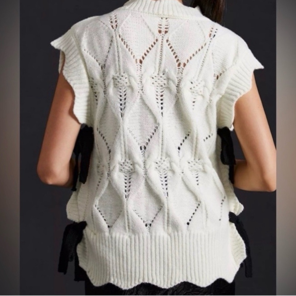 MAEVE ANTHROPOLOGIE Bow Ribbon Tie Sweater Vest in Ivory One Size NWT - Picture 4 of 9